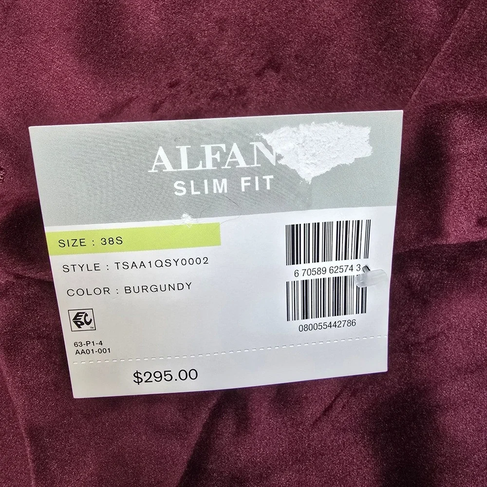 Alfani Slim Fit Velvet Blazer Mens‎ 38S 38 Burgundy Red Sport Coat $295 NEW